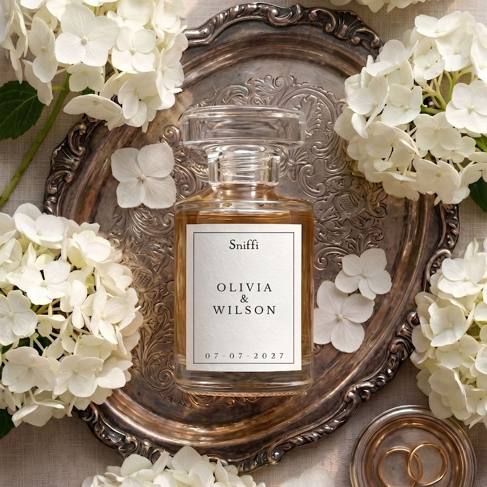 Gepersonaliseerd trouwparfum in een elegant 8ml flesje, de perfecte memory in a bottle voor alle aanwezige gasten.
